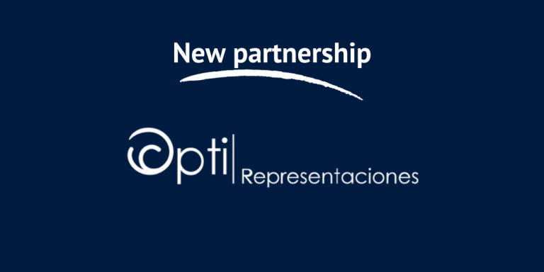 White letters on a navy blue background. New partnership with Opti Representaciones